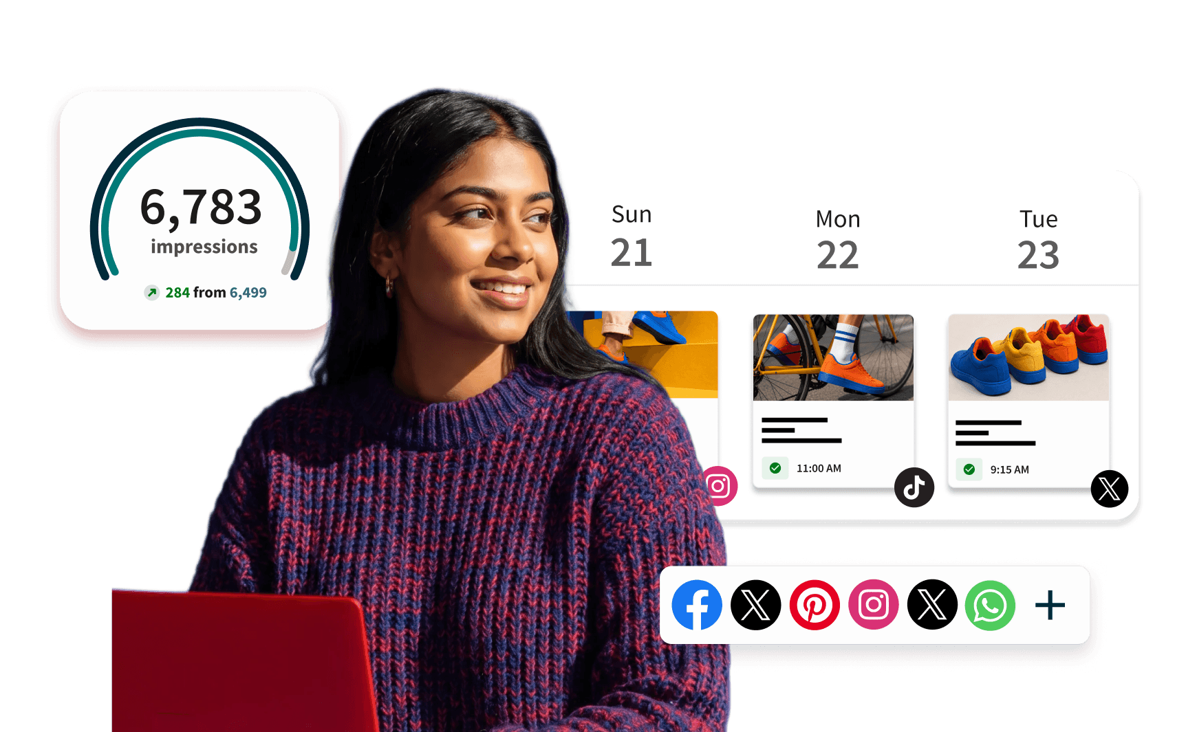 Woman in front of Hootsuite dashboard with quick search, authors, sentiment, engagement