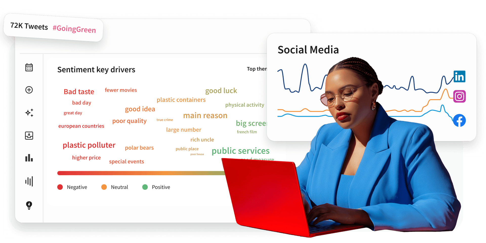 Business professional in light gray blazer next to media statistics chart and social network icons on coral background