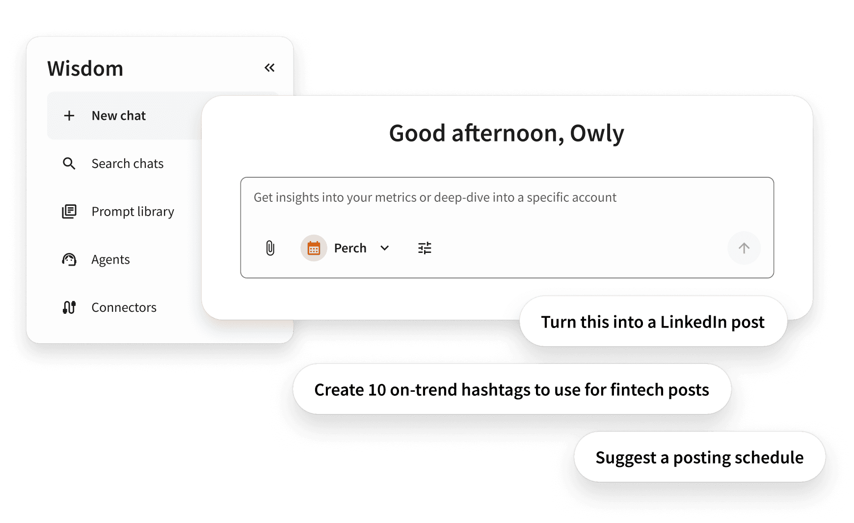 AI chatbot interface showing menu options for campaign ideas, industry trends, and engagement tips with purple owl logo