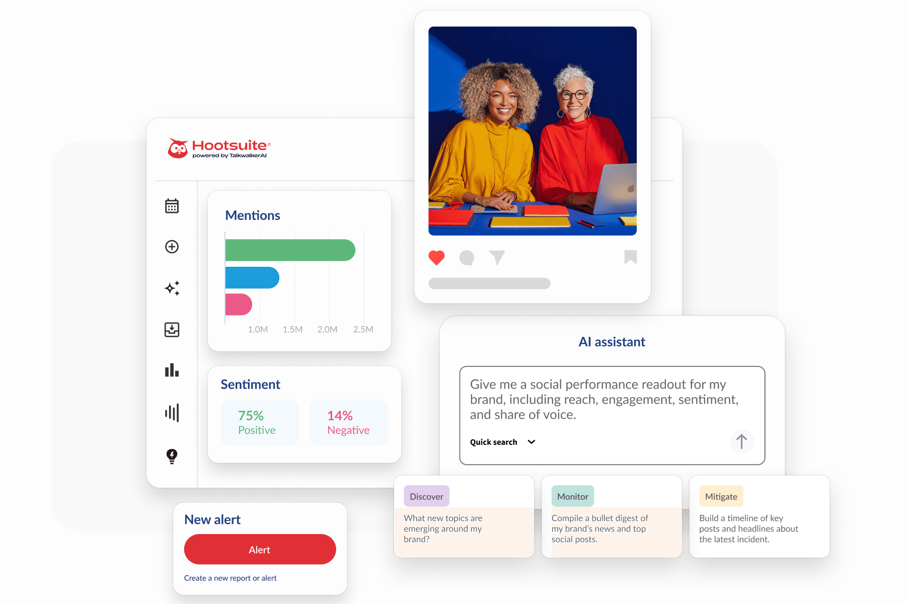 Hootsuite dashboard showing social media analytics, AI assistant, sentiment data, and two smiling women in colorful outfits.