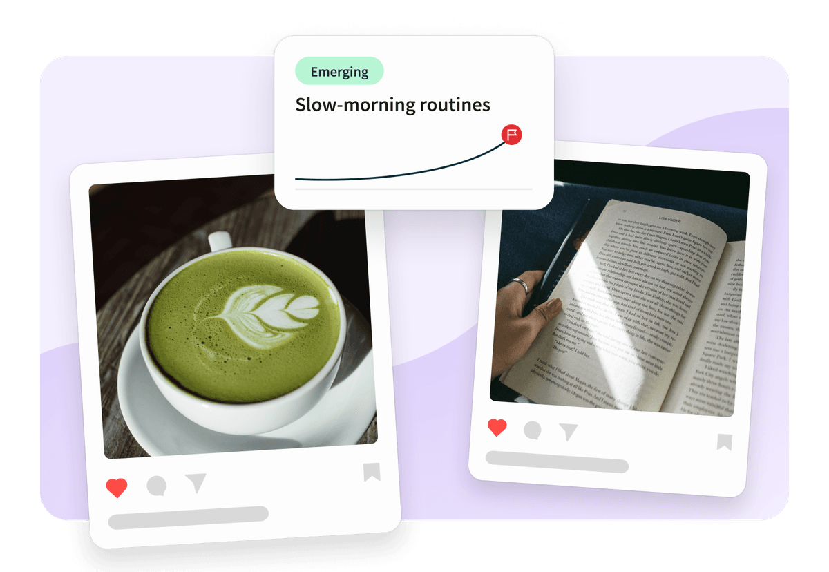 Two social media posts showing a matcha latte and an open book, with an emerging trend card labeled Slow-morning routines.