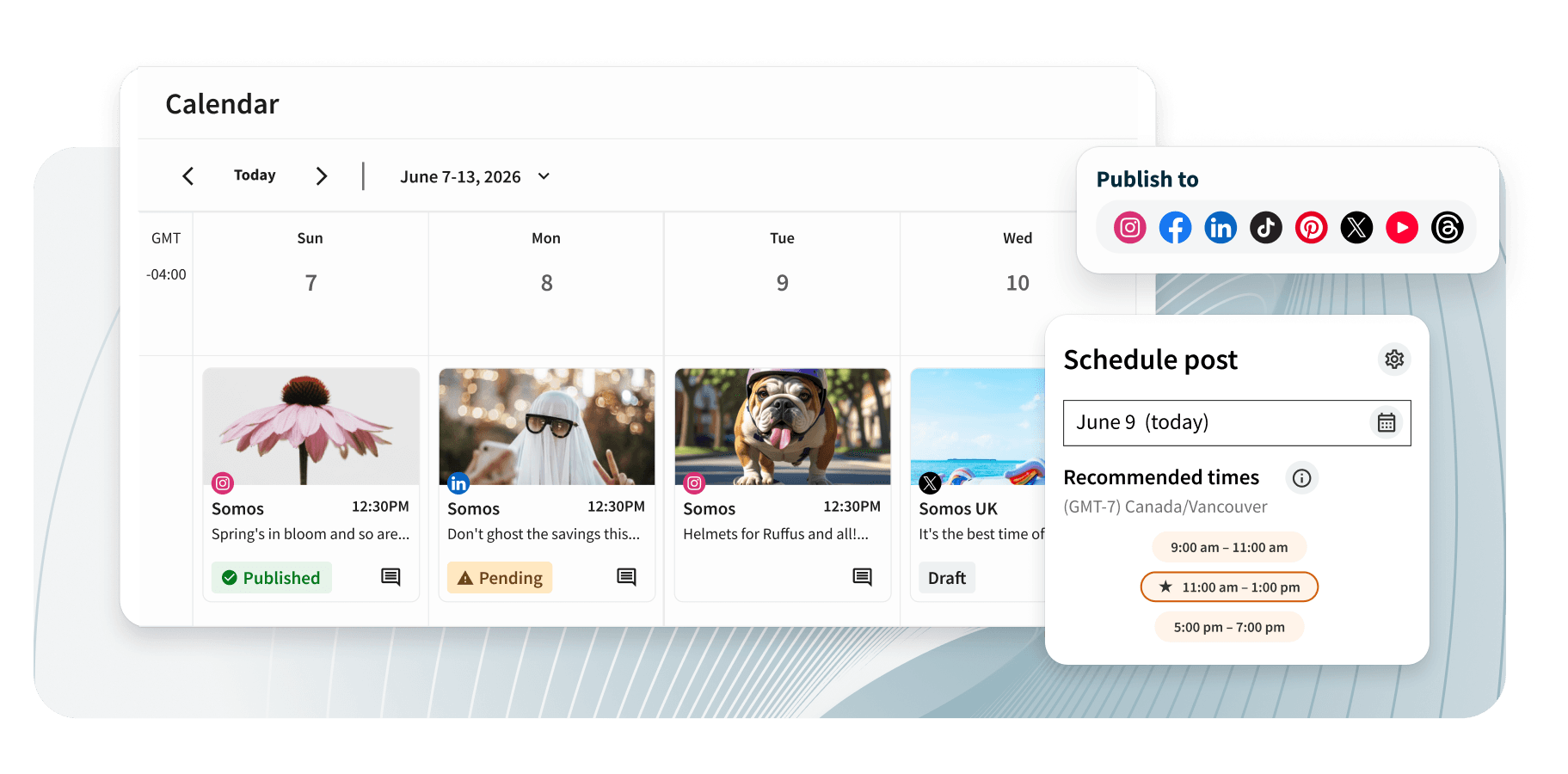 A social media scheduling tool showing a weekly calendar view with posts, platform icons, and a schedule post panel with recommended times.
