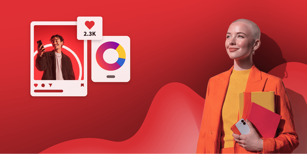 Woman in orange blazer holding folders and phone, beside social media post with 2.3K likes and a colorful analytics chart on red background.