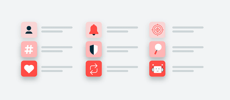 Grid of nine app icons in pink and red shades with gray text lines, showing social media and notification symbols