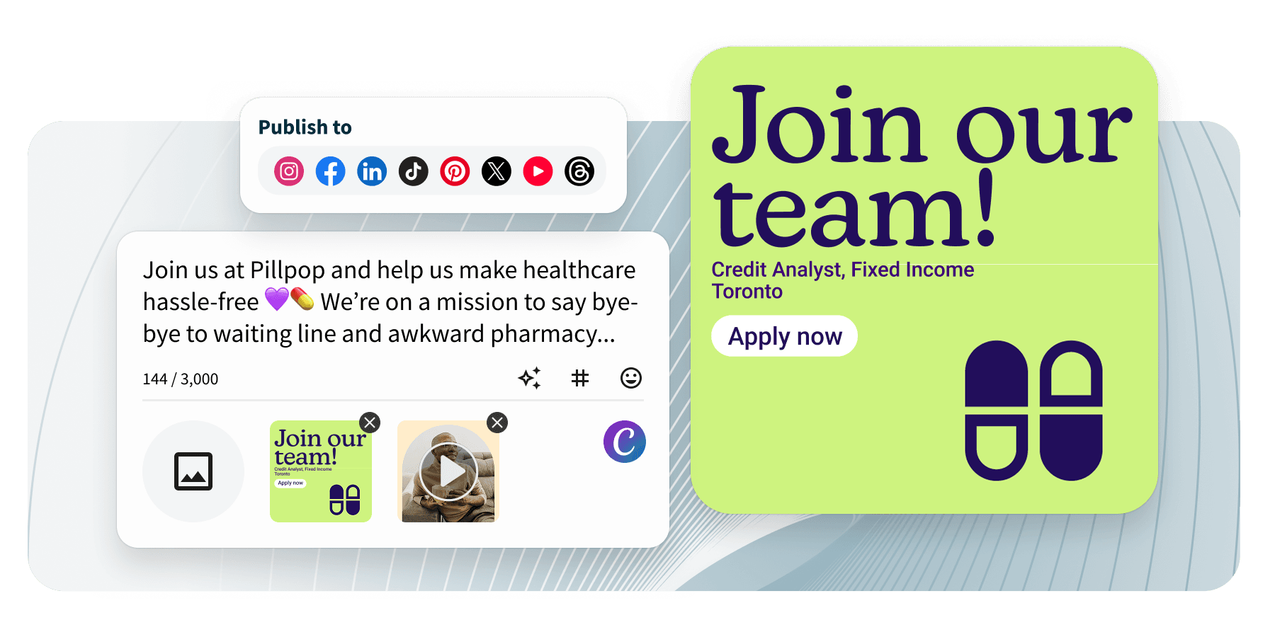 Social media publishing tool showing a post composer with platform icons and a green job ad card reading Join our team.