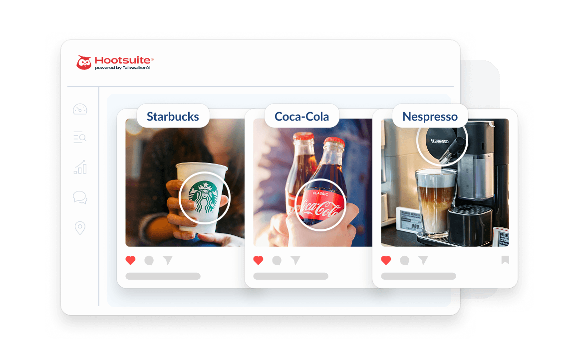 Social media interface showing three branded beverage images: a Starbucks cup, Coca-Cola bottles, and a Nespresso coffee machine in action